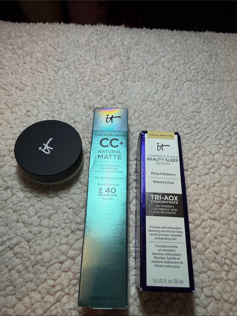 it cosmetics CC+ Natural Matte Cream, bye bye pores powder & Sleep Serum Duo